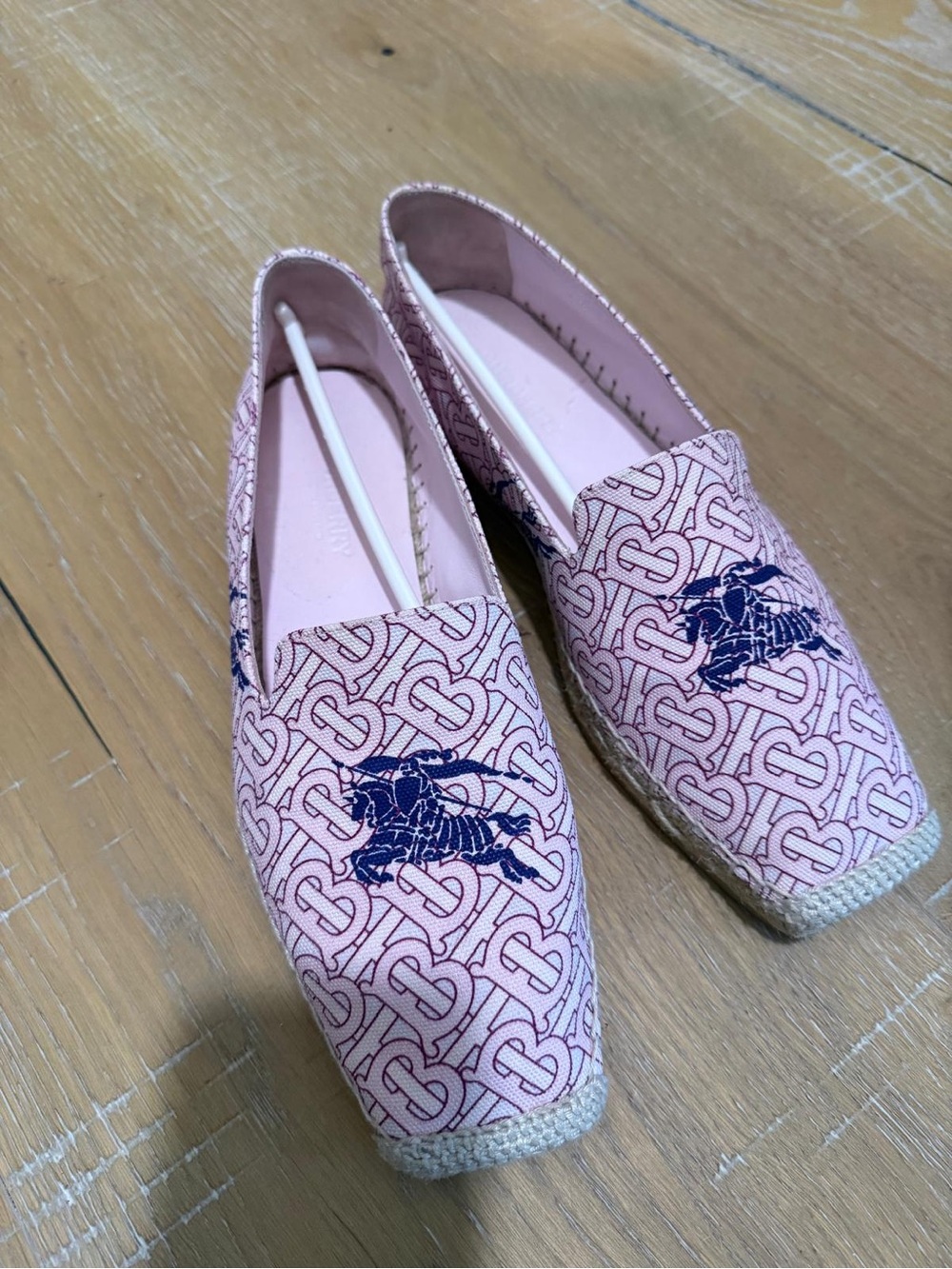 Burberry Pink Monogram Espadrille Flats with Navy Equestrian Motif